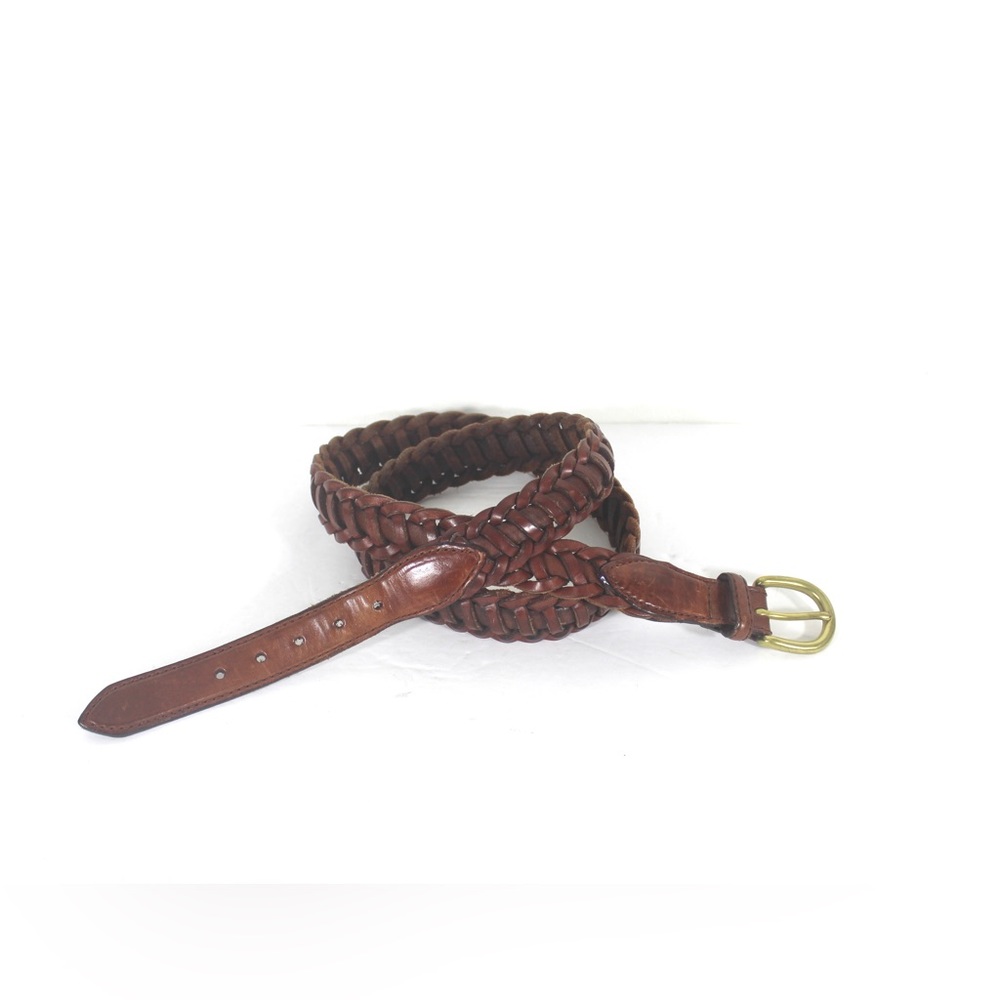 Cognac Brown Woven Leather Belt with Brass Buckle 40 Braided Mens Unisex Womens